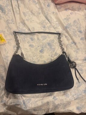 MICHAEL KORS Navy Suede Shoulder Bag with Silver Chain